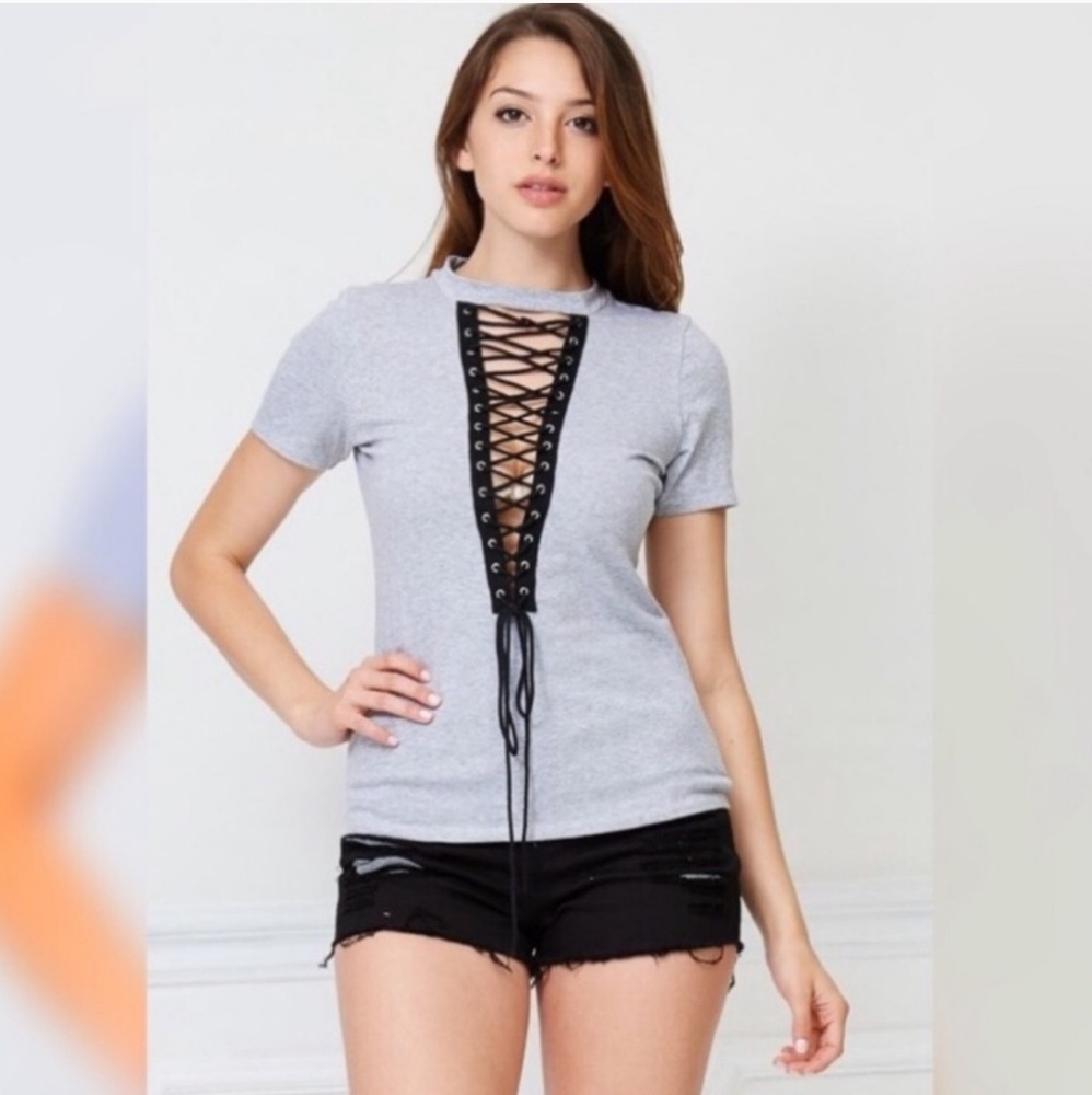 Gray Lace-Up T-Shirt